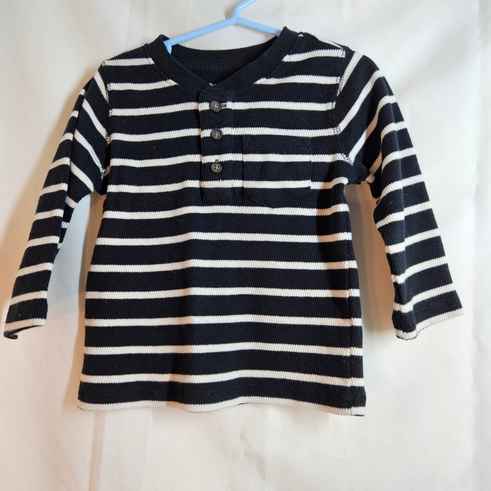 Cat & Jack Striped Henley Shirt‎ Long Sleeve Pocket Black White 2T Toddler